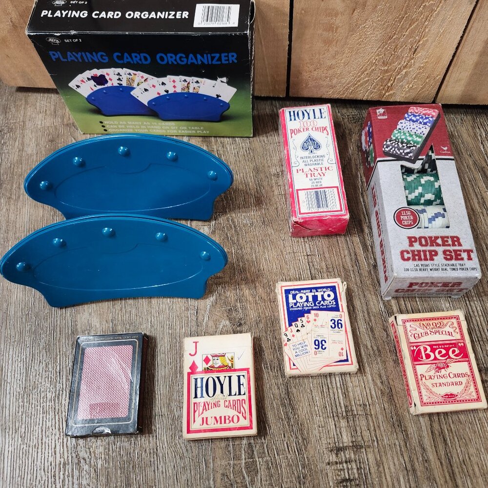 Poker chip set , playing card organizer plus extra playing cards & Lotto cards